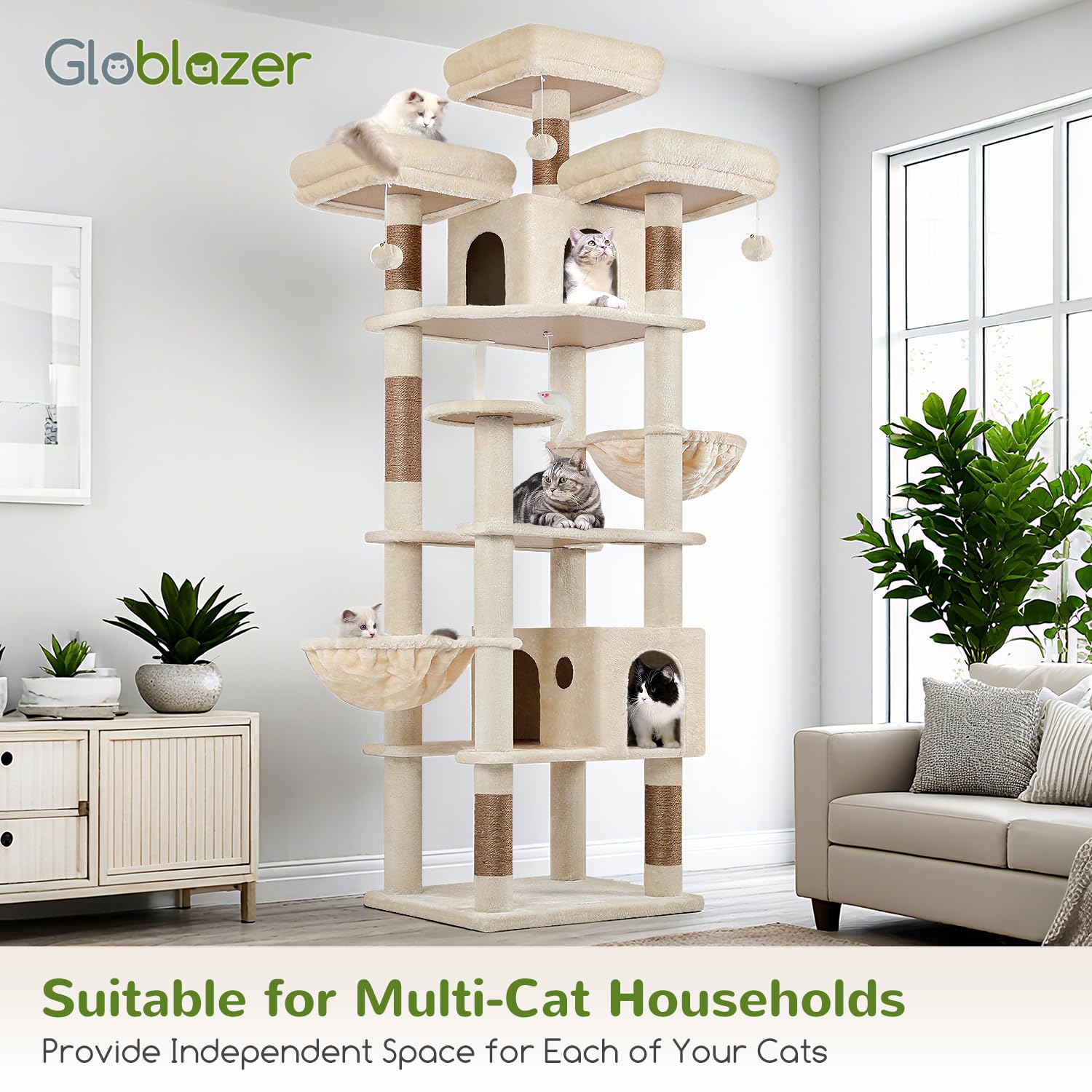 Globlazer 82-inch XXL cat tree beige fabric adds neutral style