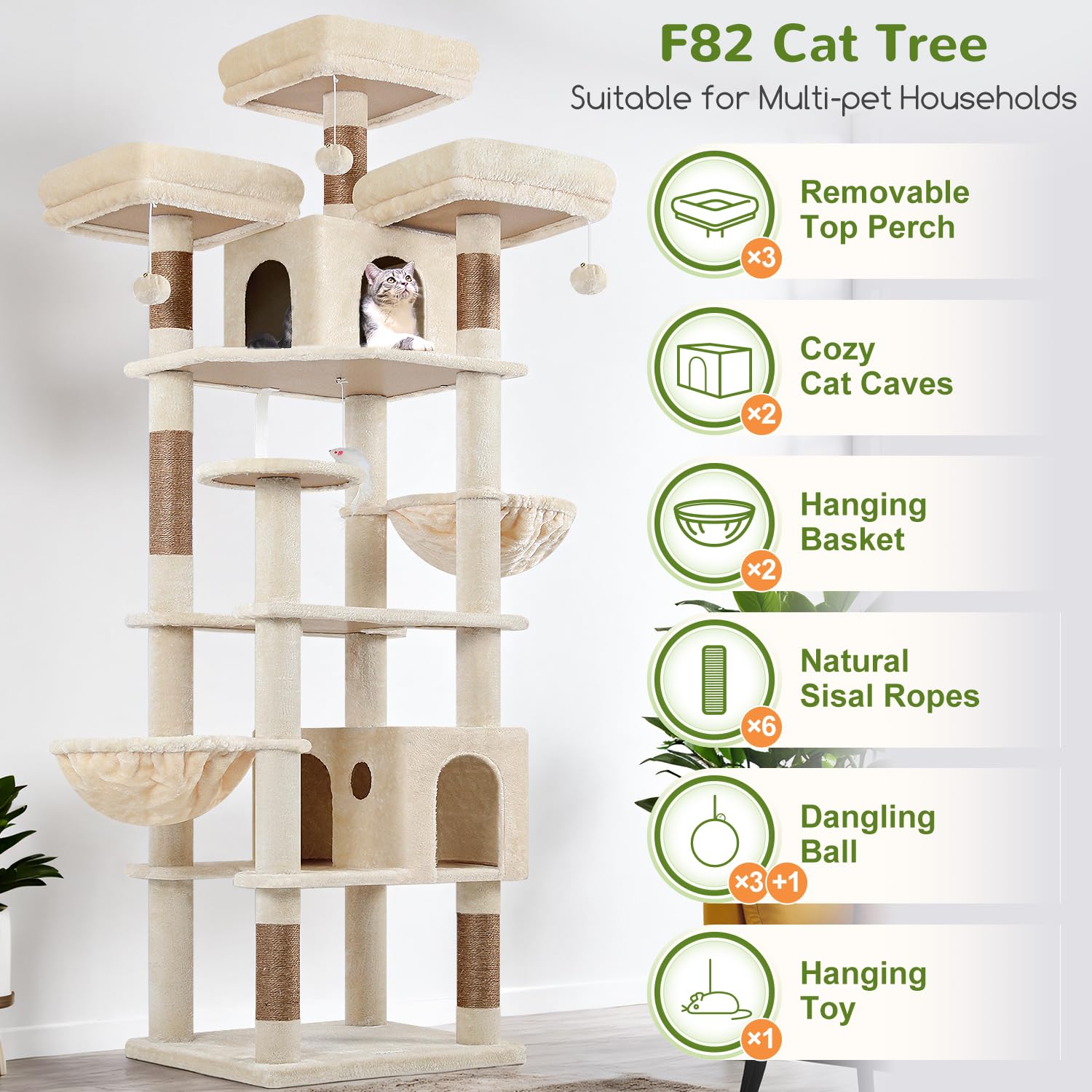 Globlazer 82-inch XXL cat tree sisal posts encourage scratching to protect furniture
