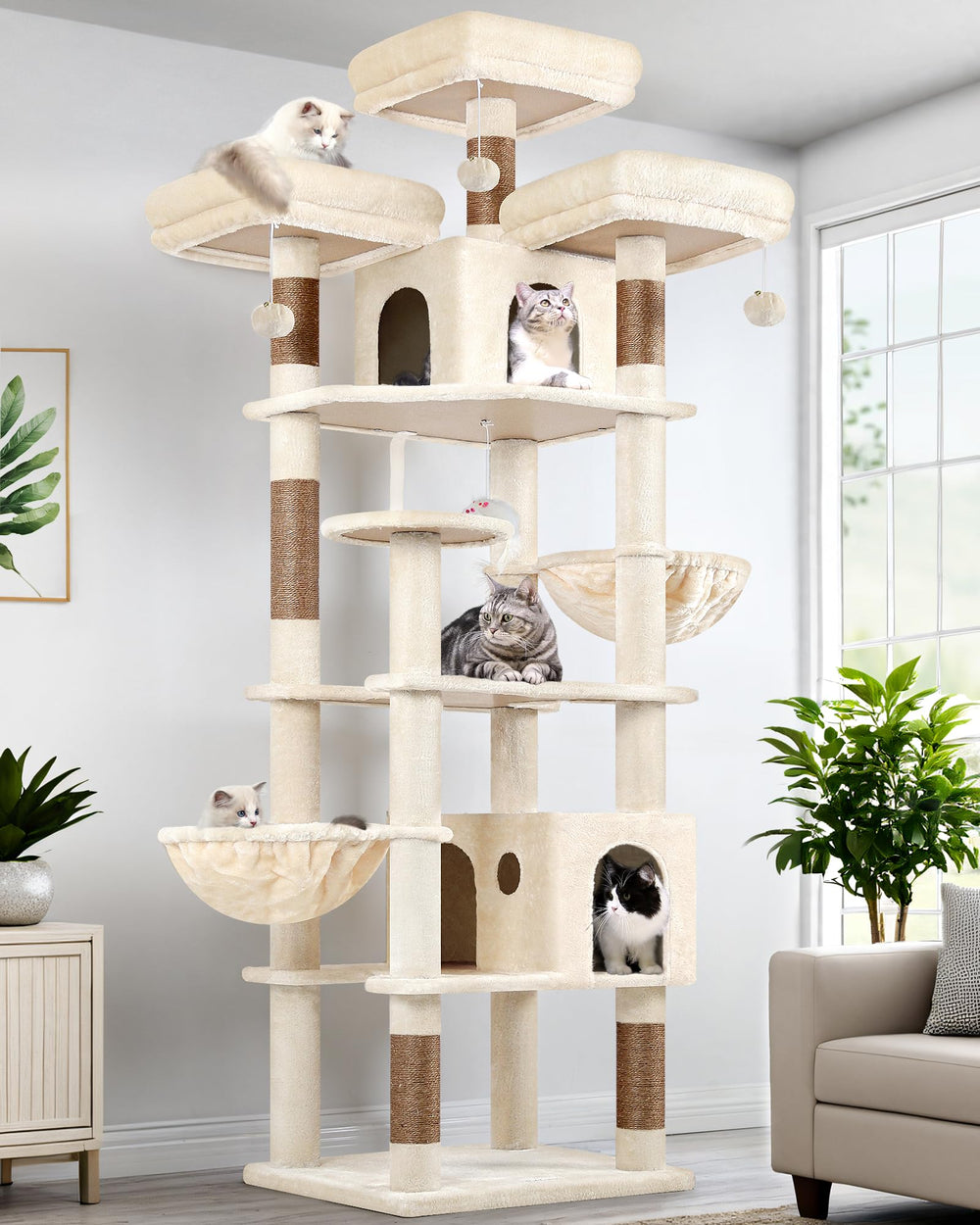 Globlazer 82-inch XXL cat tree top perches provide elevated vantage points for multiple cats