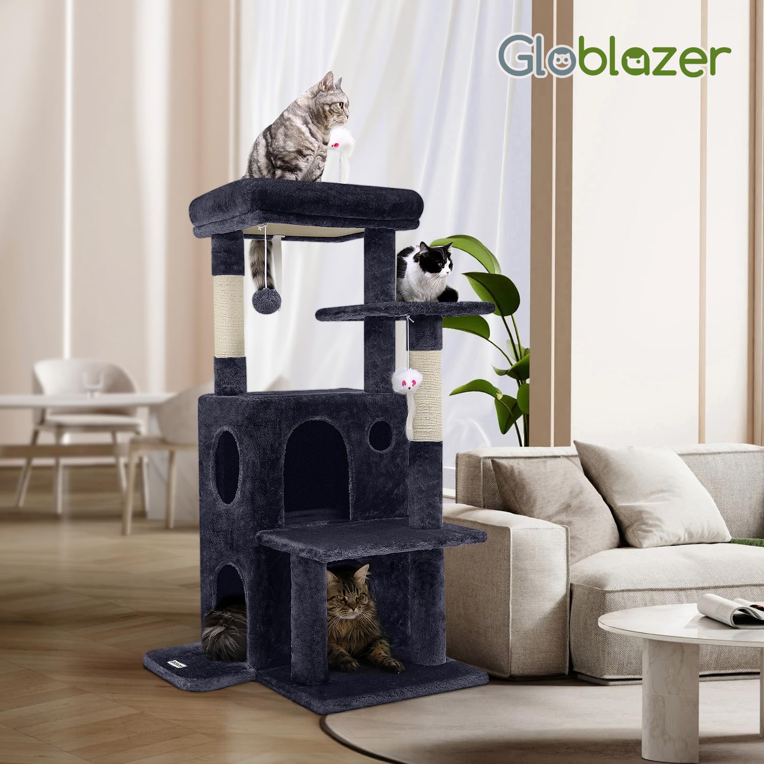 Globlazer cat tree features dangling toys for playful engagement.