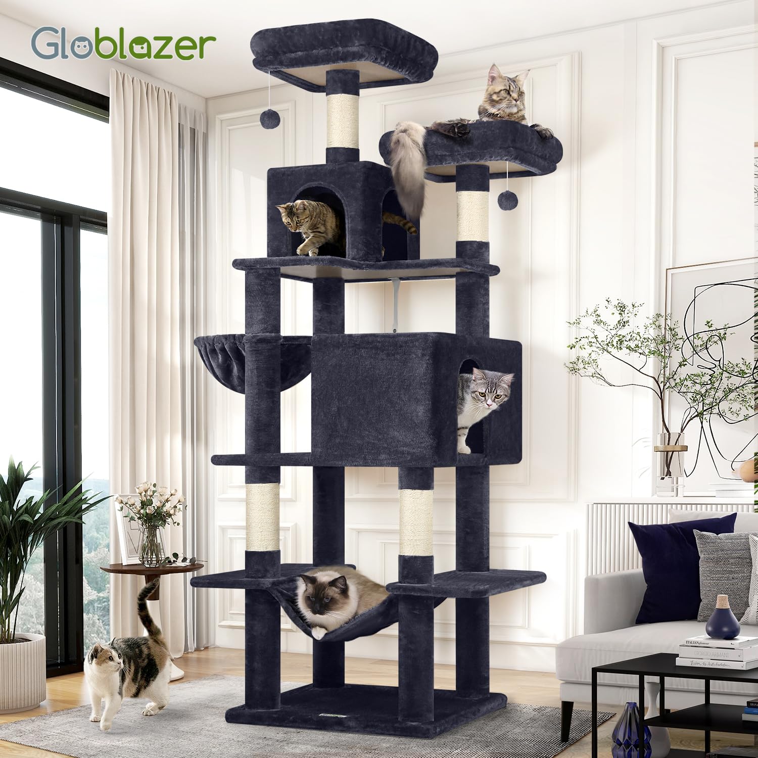 Globlazer cat tree sturdy construction supports energetic jumps.