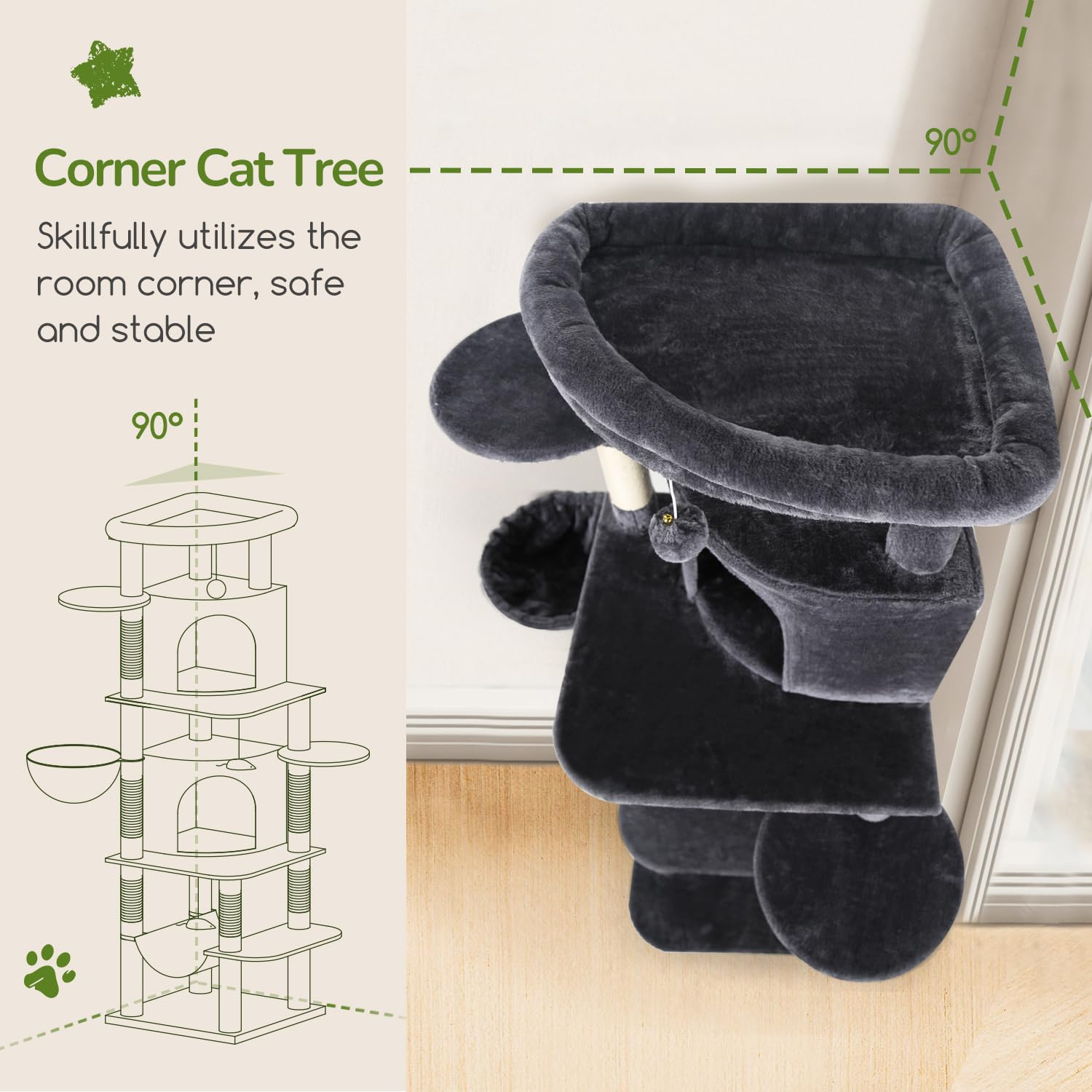 Globlazer cat tree with fan shaped condos saves space and creates cozy hideaways.