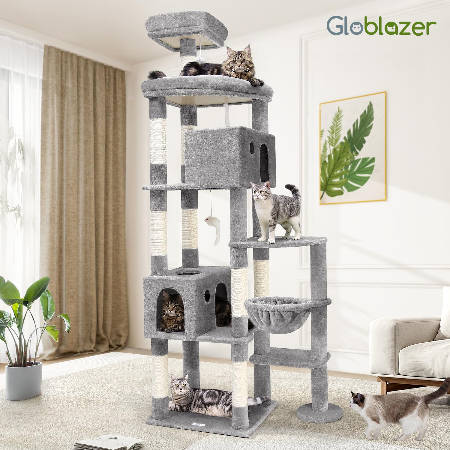 Globlazer cat tree fits into homes, scaling with large felines