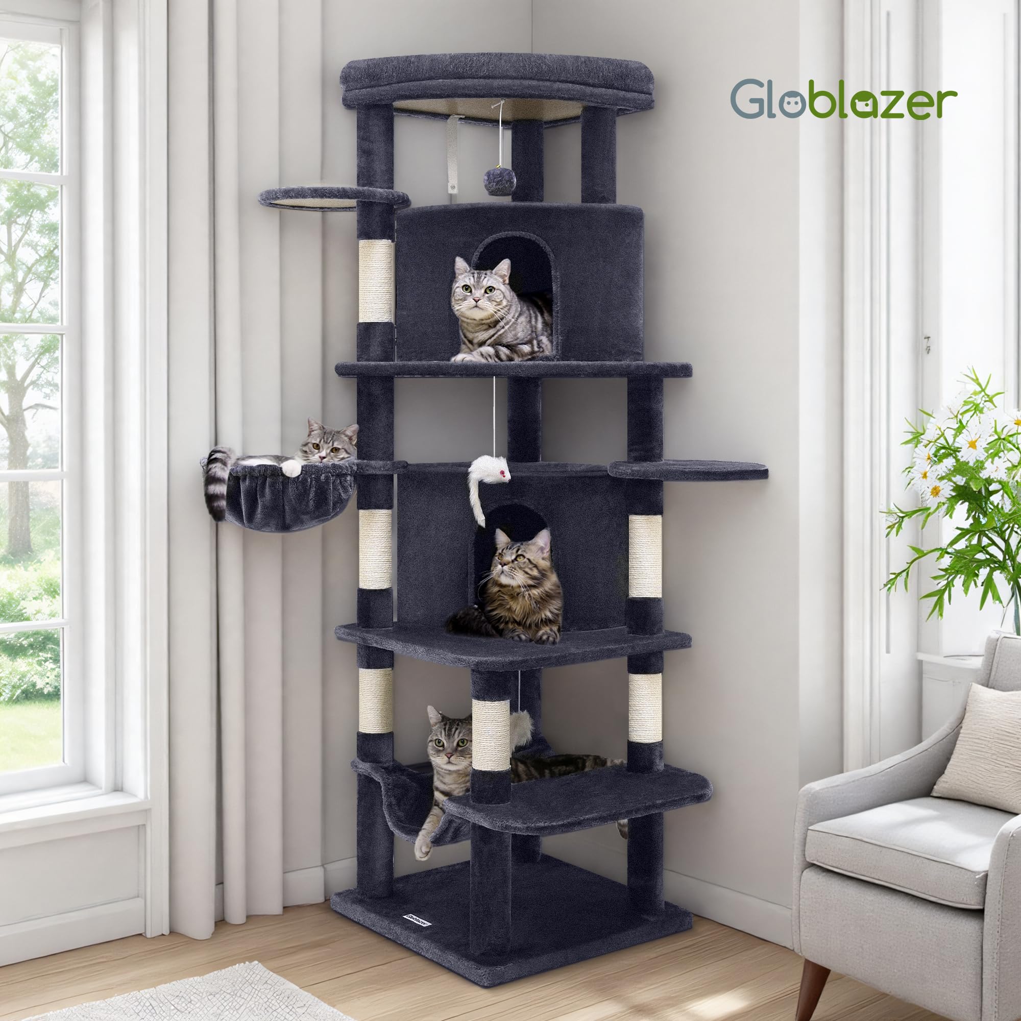 Globlazer indoor multi-cat tower supports scratching and lounging in one unit.