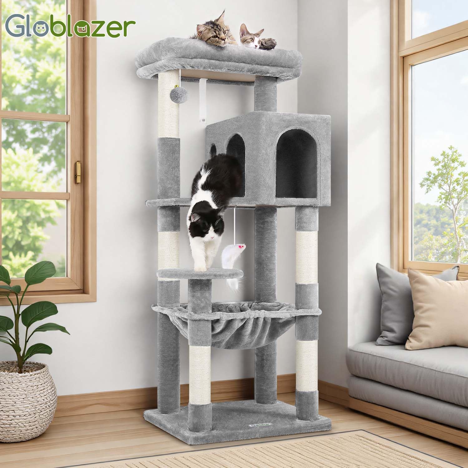 Globlazer Cat tree features interactive play elements for mental stimulation.