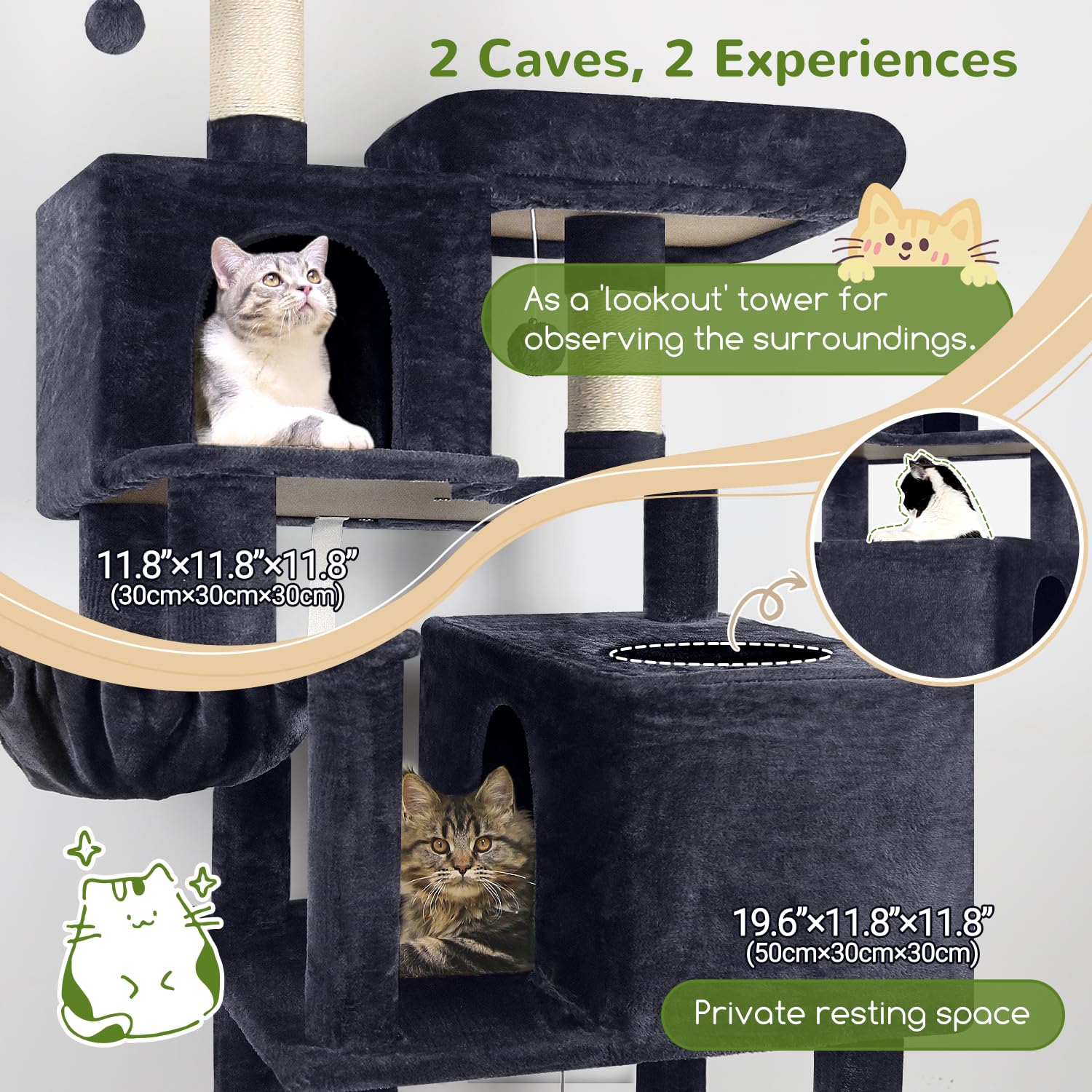 Globlazer cat tree shows cozy condos and elevated platforms for cats.