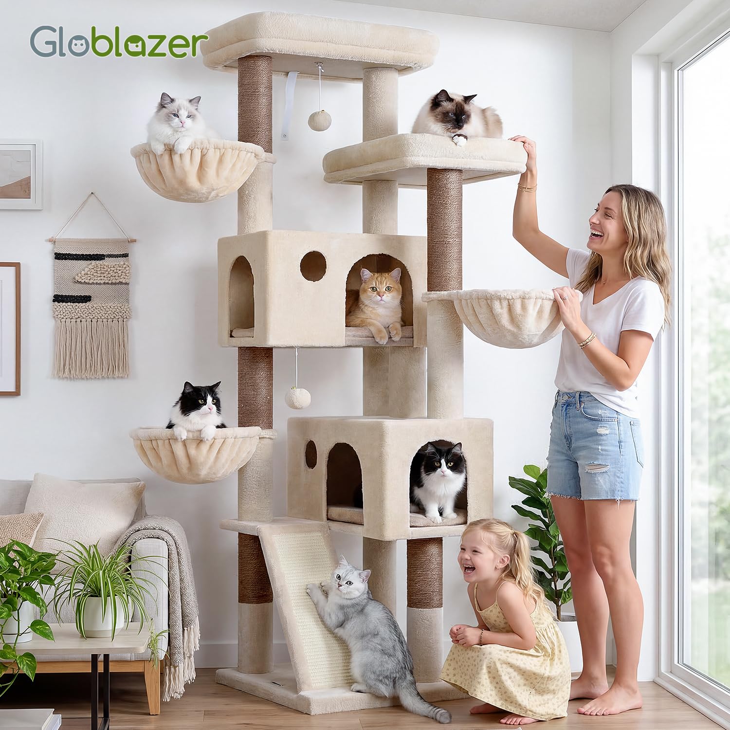 Globlazer cat tree in use showing multi-level exploration and lounging.