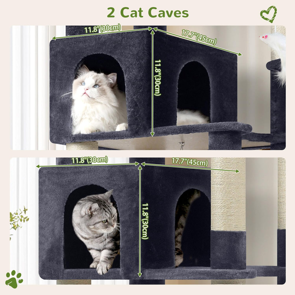 Globlazer cat tree side view highlights sturdy construction and spacious multi-cat space.