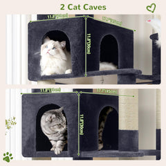Globlazer cat tree side view highlights sturdy construction and spacious multi-cat space.