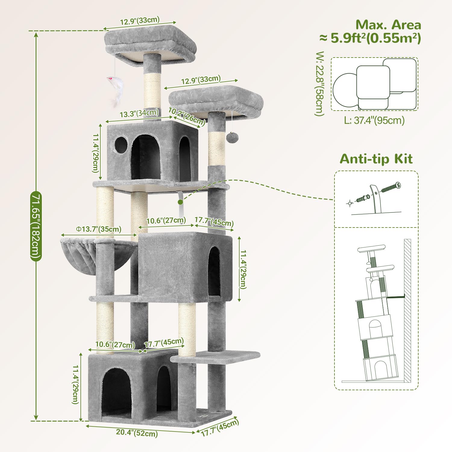 Globlazer Cat Tree Tall 71in cat caves create quiet hideaways