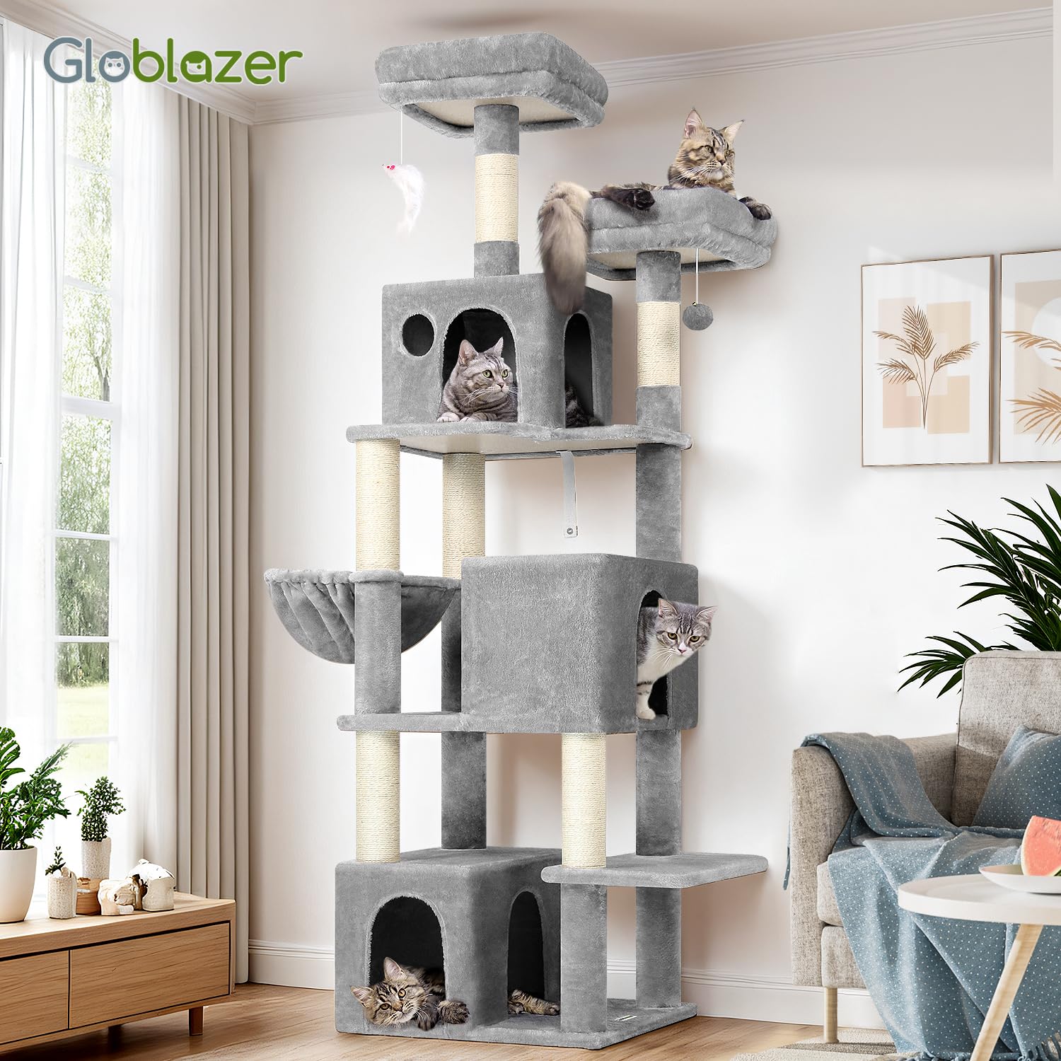 Globlazer Cat Tree Tall 71in soft hanging basket adds cozy lounging
