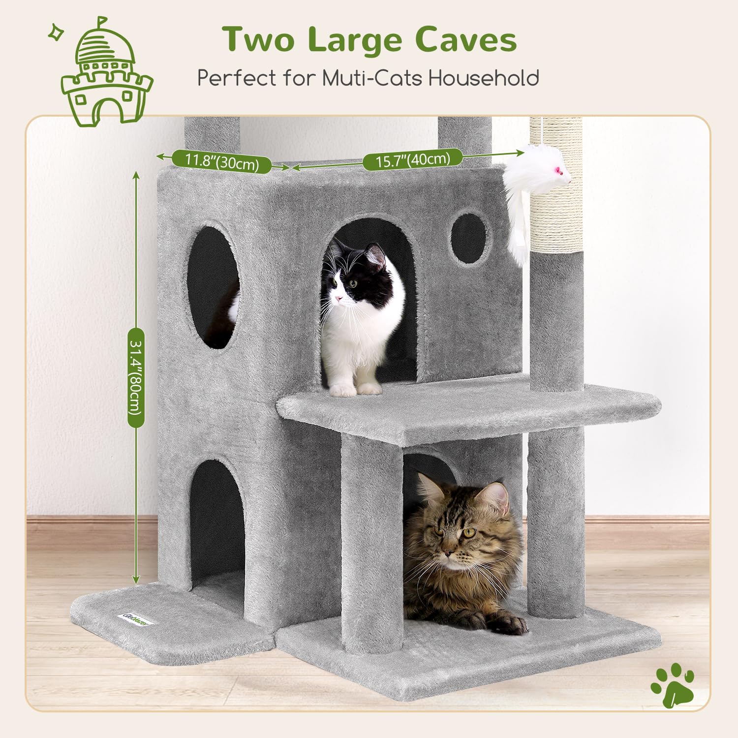 Globlazer 50-inch cat tree with dangling toys for interactive play.