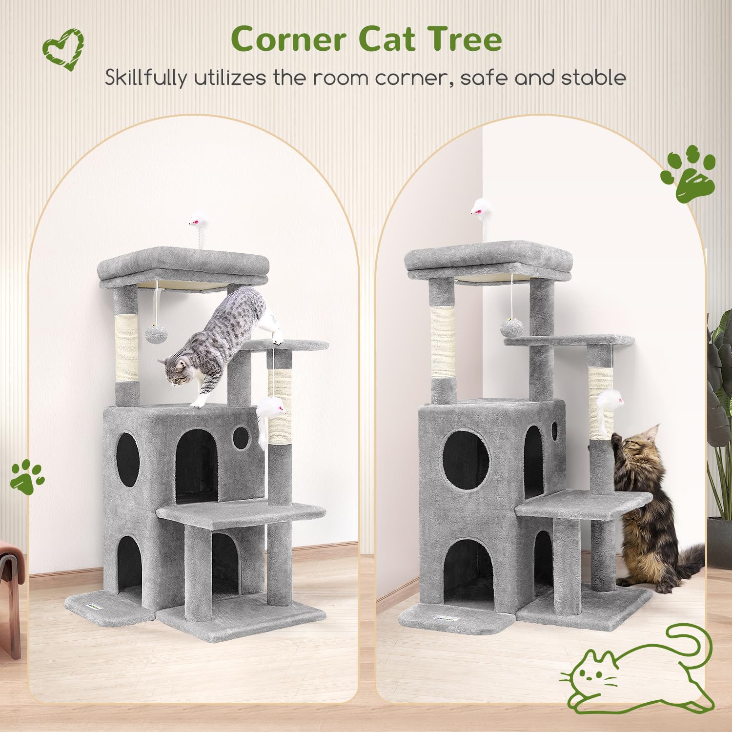 Globlazer 50-inch cat tree with double-layer condos for cozy hideaways.