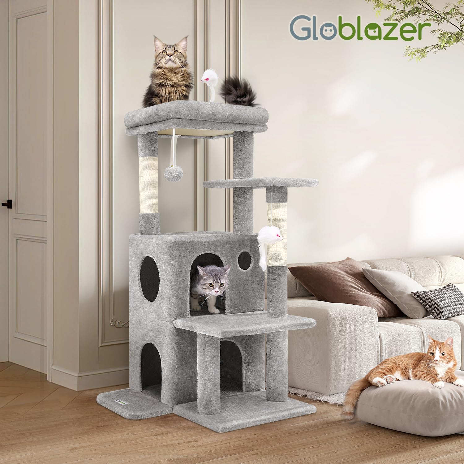 Globlazer FC50 light grey cat tree for indoor cats and versatile setup.