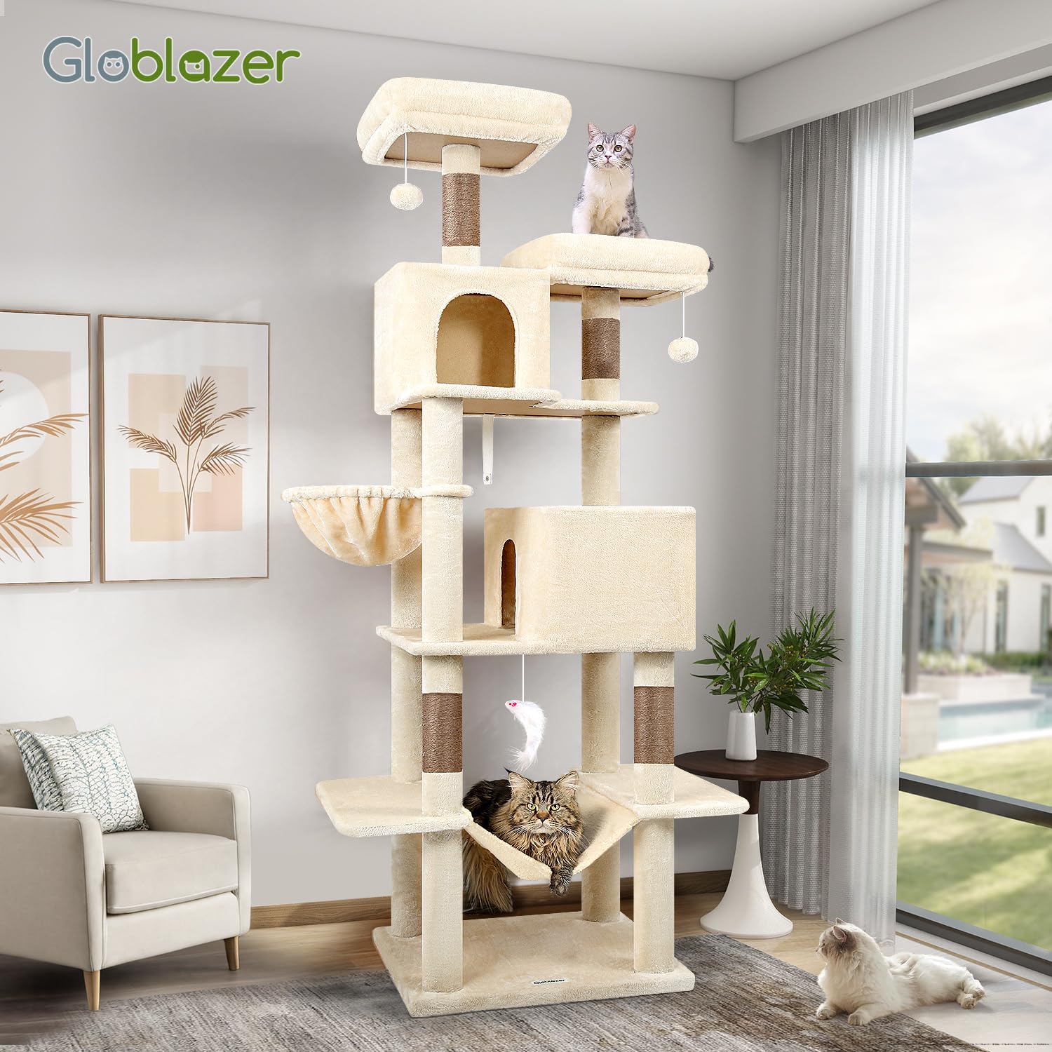 Globlazer cat tree tower easy clean and disassembly shot indicates simple maintenance and care.