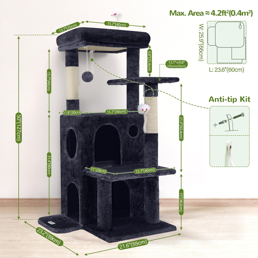 Globlazer cat tree includes two caves for private cat retreats.
