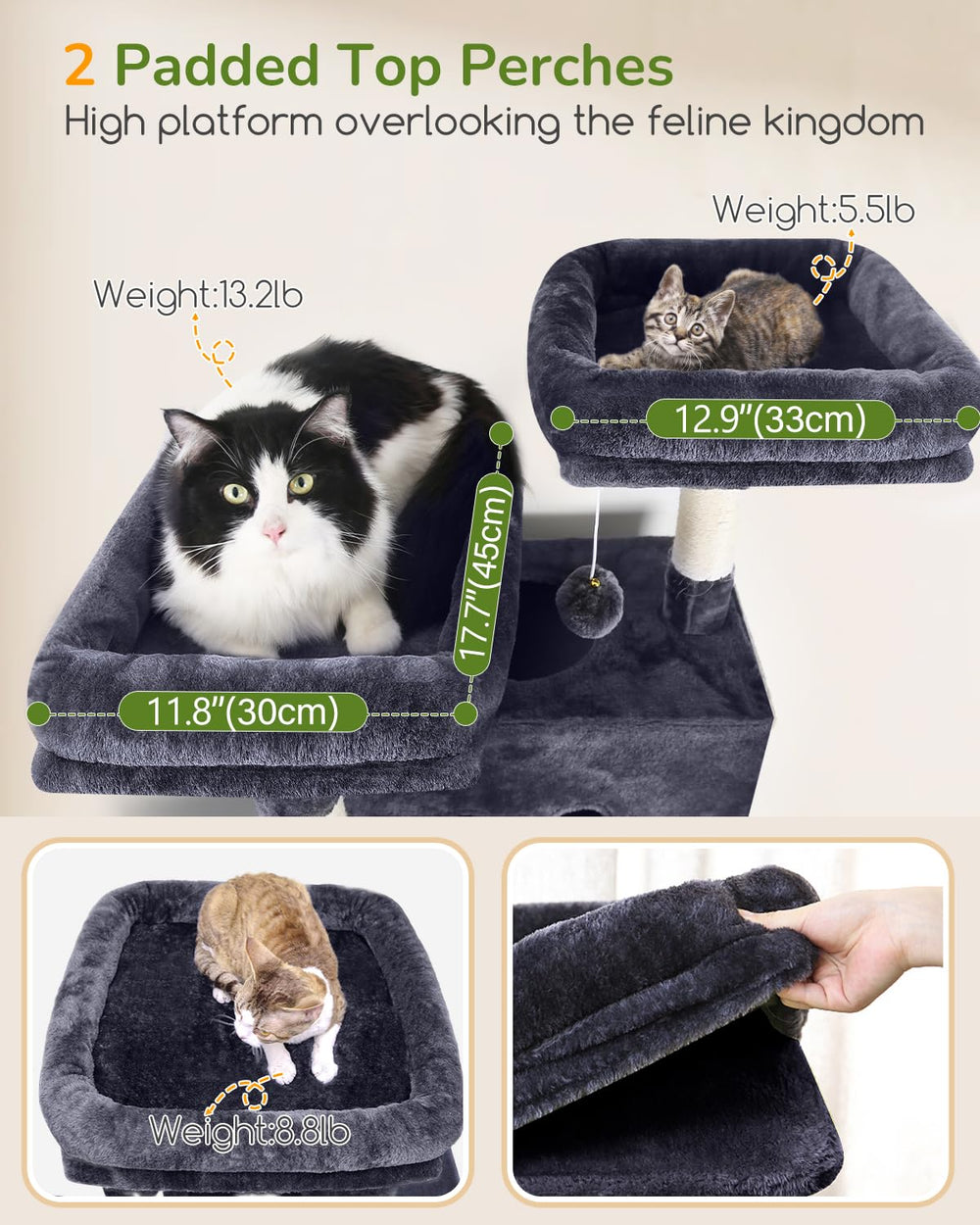 Globlazer cat tree shows two spacious condos with viewing holes for safe hiding and play.