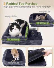 Globlazer cat tree shows two spacious condos with viewing holes for safe hiding and play.