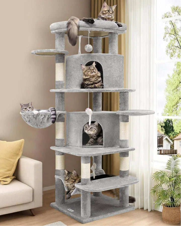 Globlazer corner cat tree stands 66 inches tall for multi-cat lounging.