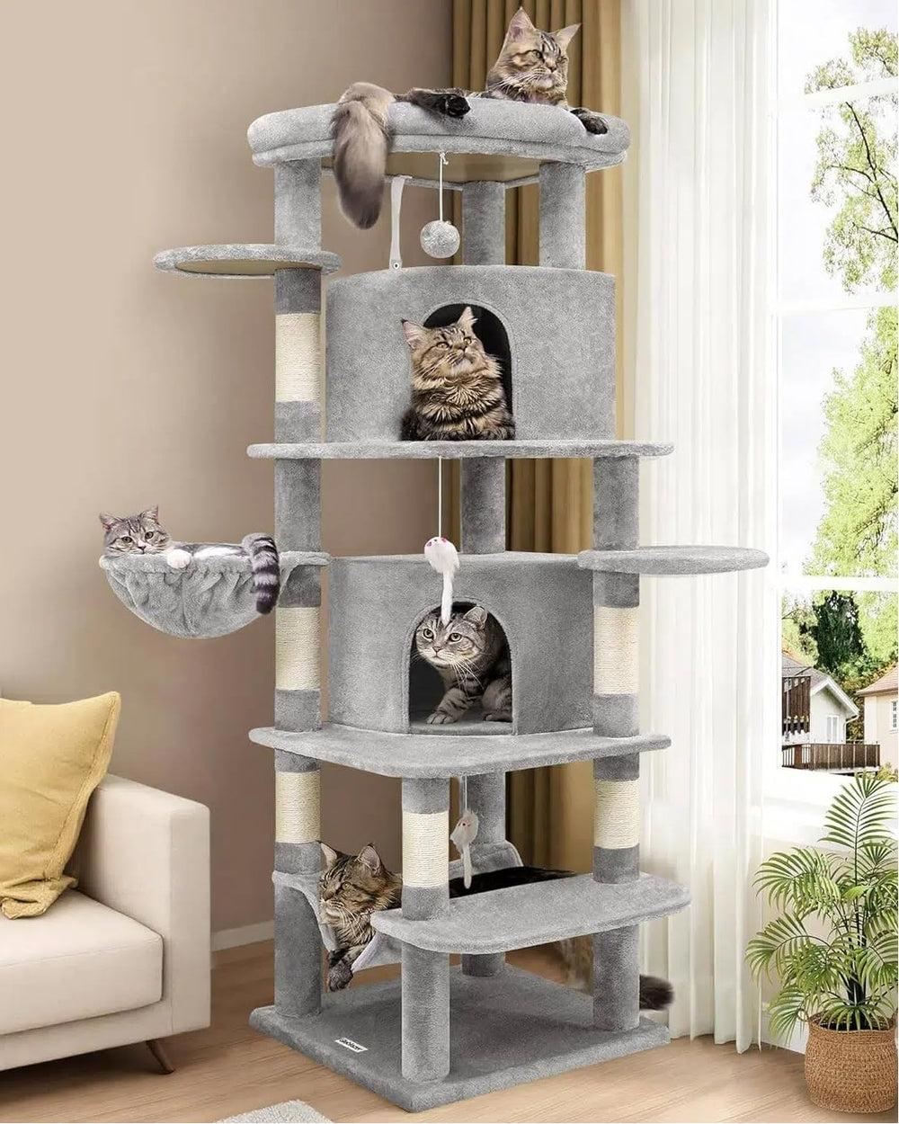 Globlazer corner cat tree stands 66 inches tall for multi-cat lounging.