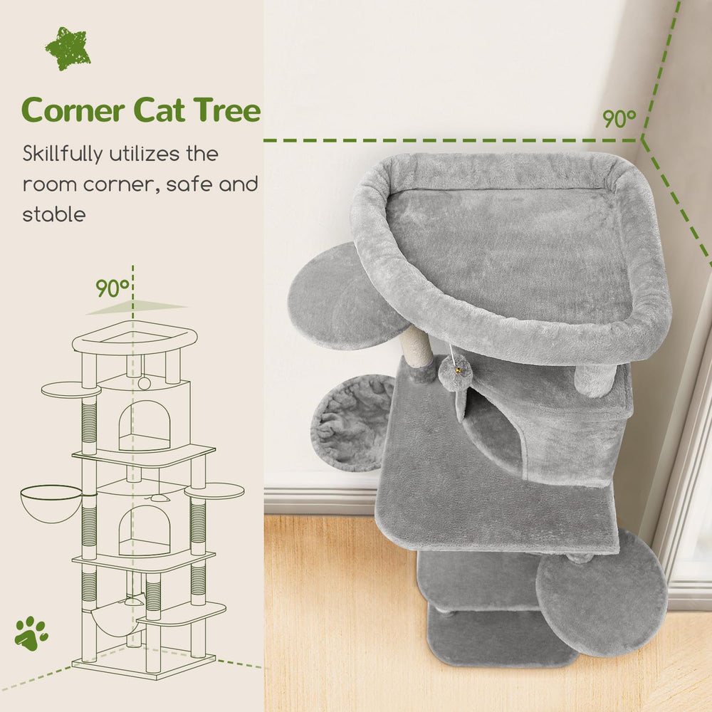 Globlazer corner cat tree with fan-shaped condos saves corner space.