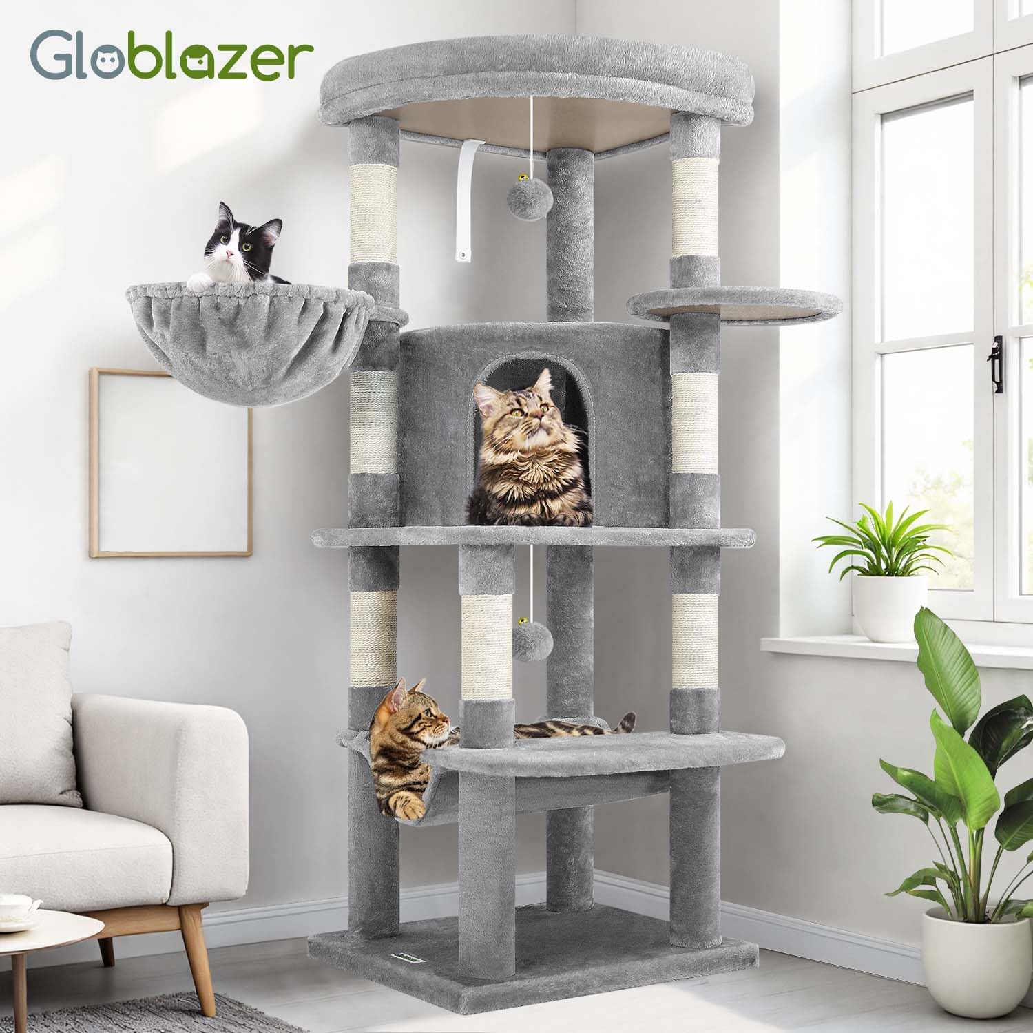 Globlazer corner cat tree side view highlighting 51-inch height for elevated cats.