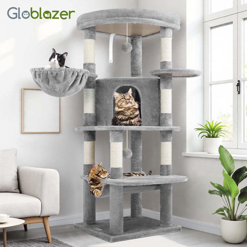 Globlazer corner cat tree side view highlighting 51-inch height for elevated cats.