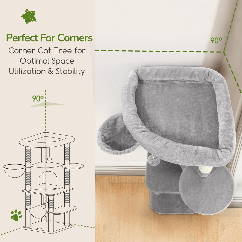 Globlazer corner cat tree with natural sisal posts protects furniture by encouraging scratching.