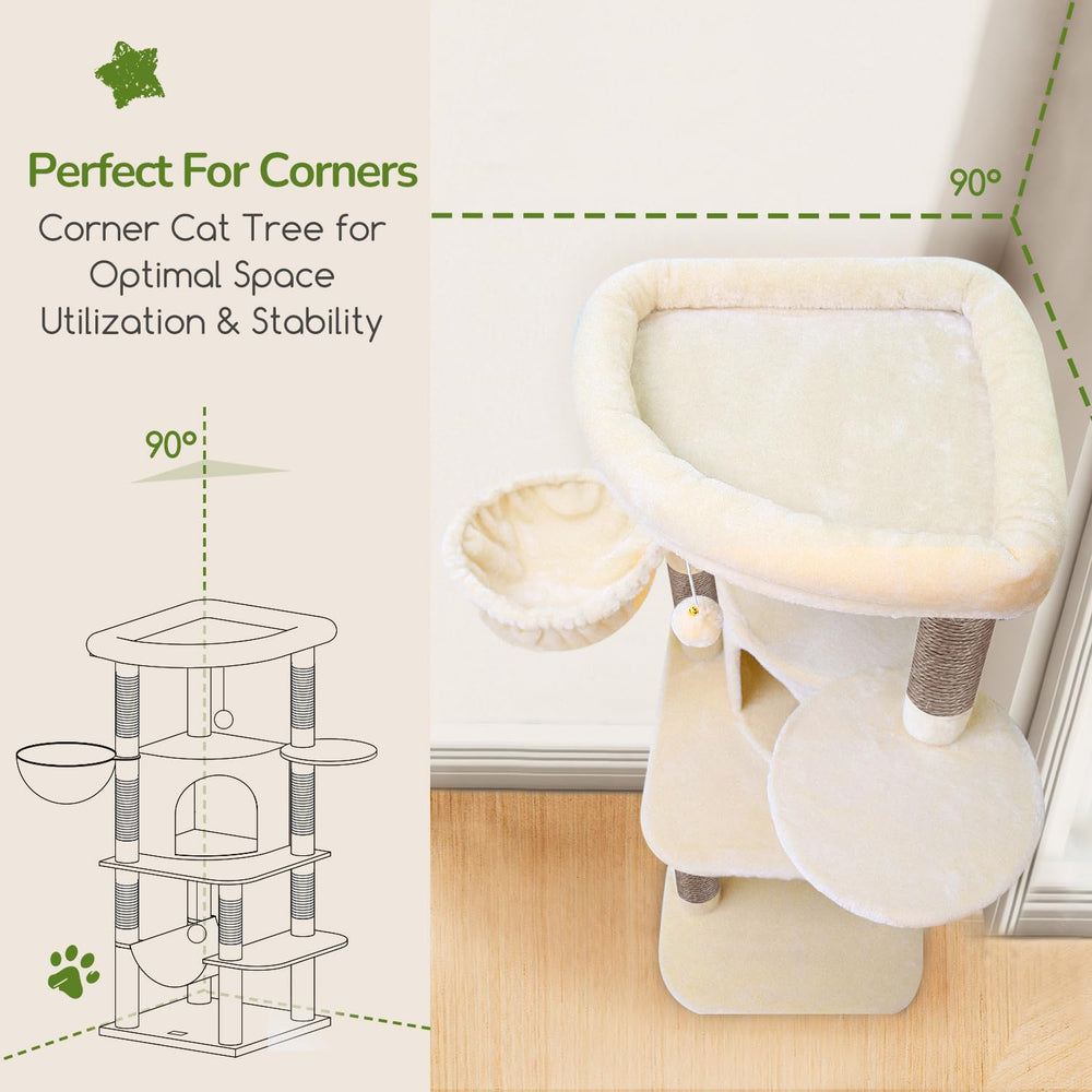 Globlazer corner cat tree top platform offers roomy lounging space.