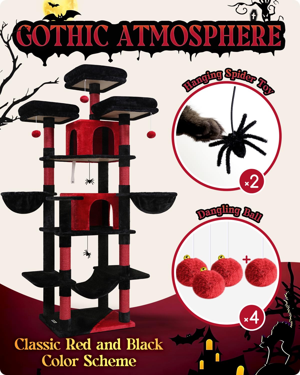 Globlazer Gothic Cat Tree 80inch hanging baskets for playful lounging