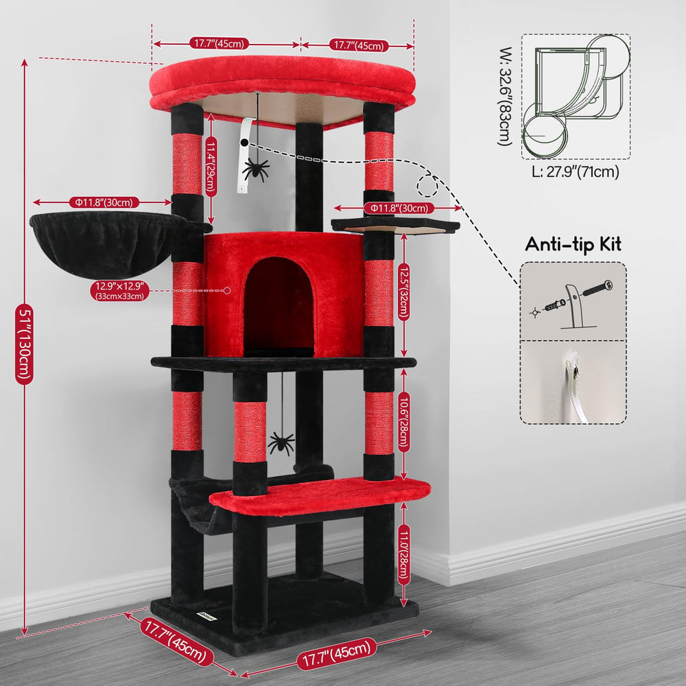 Gothic red-black cat condo features a large hammock for lounging