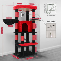 Gothic red-black cat condo features a large hammock for lounging