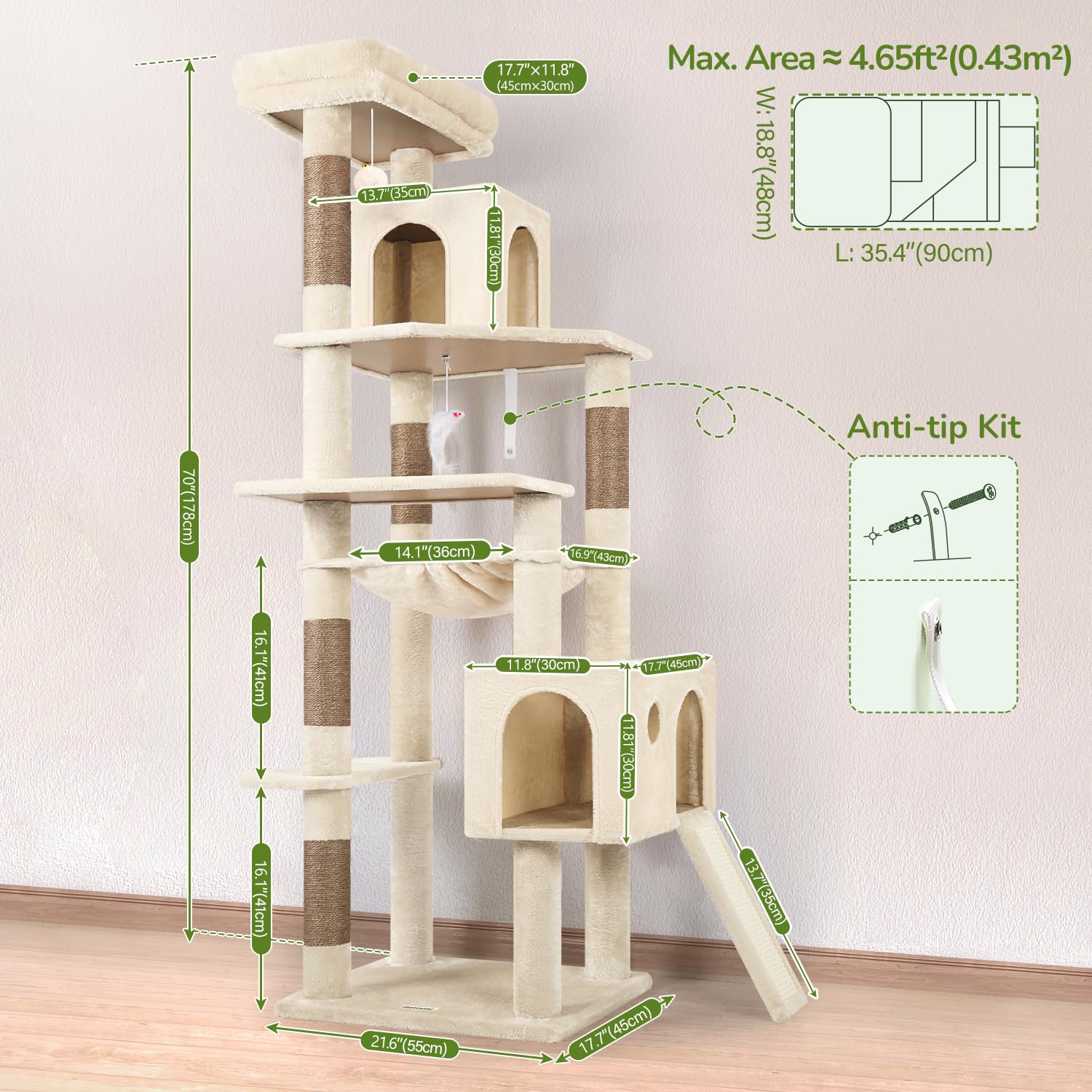 Globlazer 70inch height cat tree provides commanding reach and viewing point.