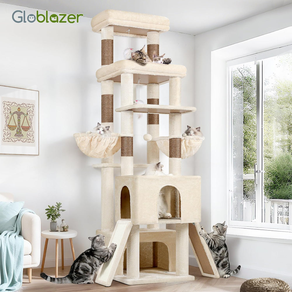 Globlazer beige 78-inch cat tree on display in a room