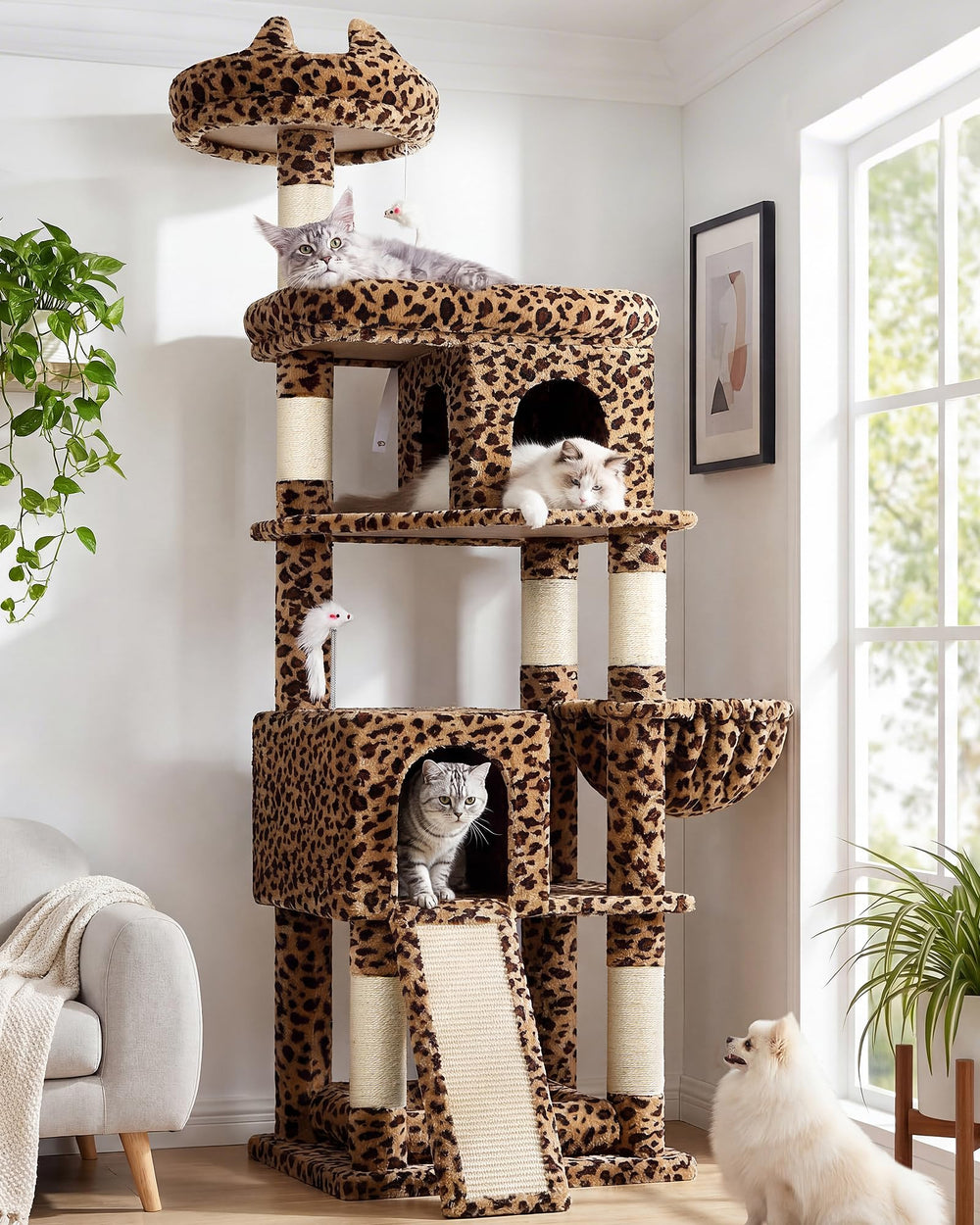 Globlazer heavy-duty cat tree leopard print front view, sturdy perch for large cats.