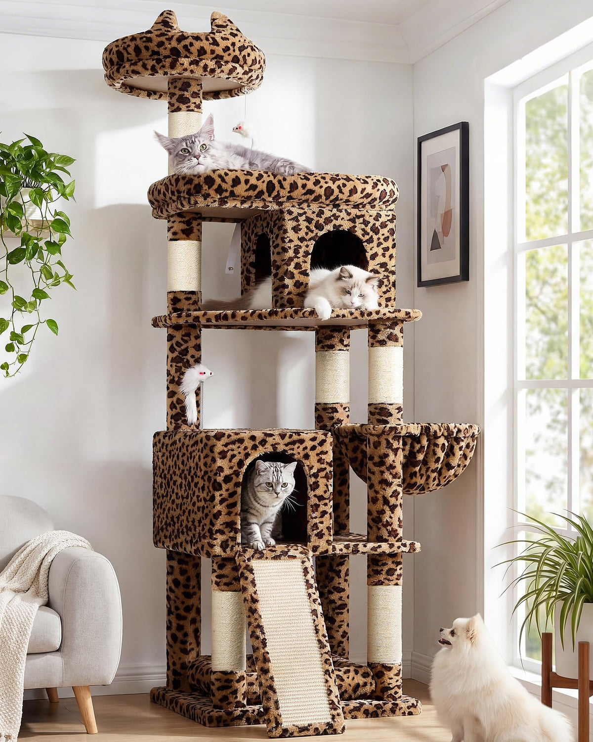 Globlazer heavy-duty cat tree leopard print front view, sturdy perch for large cats.