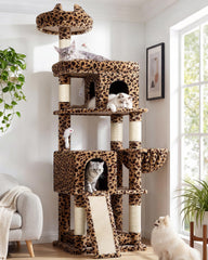 Globlazer heavy-duty cat tree leopard print front view, sturdy perch for large cats.