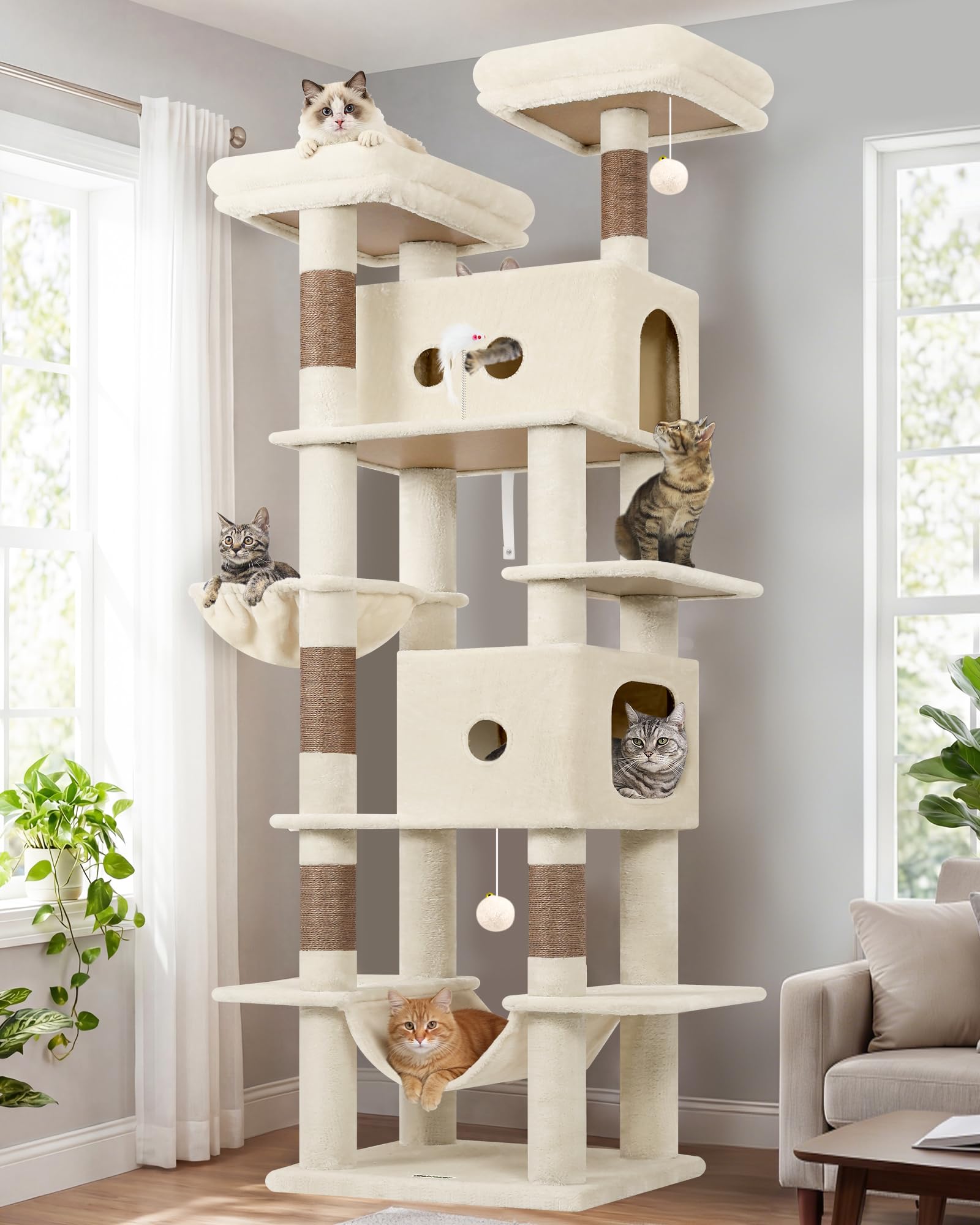 Globlazer 80in heavy-duty cat tree tower in beige for elevated cat play and multi-cat homes