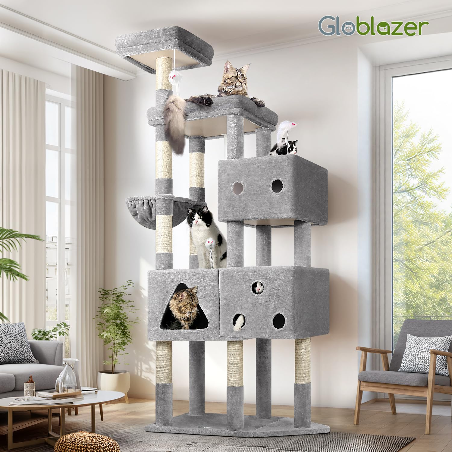 Globlazer indoor cat playground keeps cats active indoors with multiple spaces.