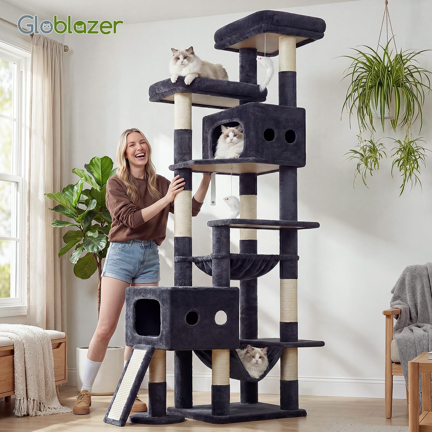 Globlazer indoor cat tree durable base supports multiple felines safely.