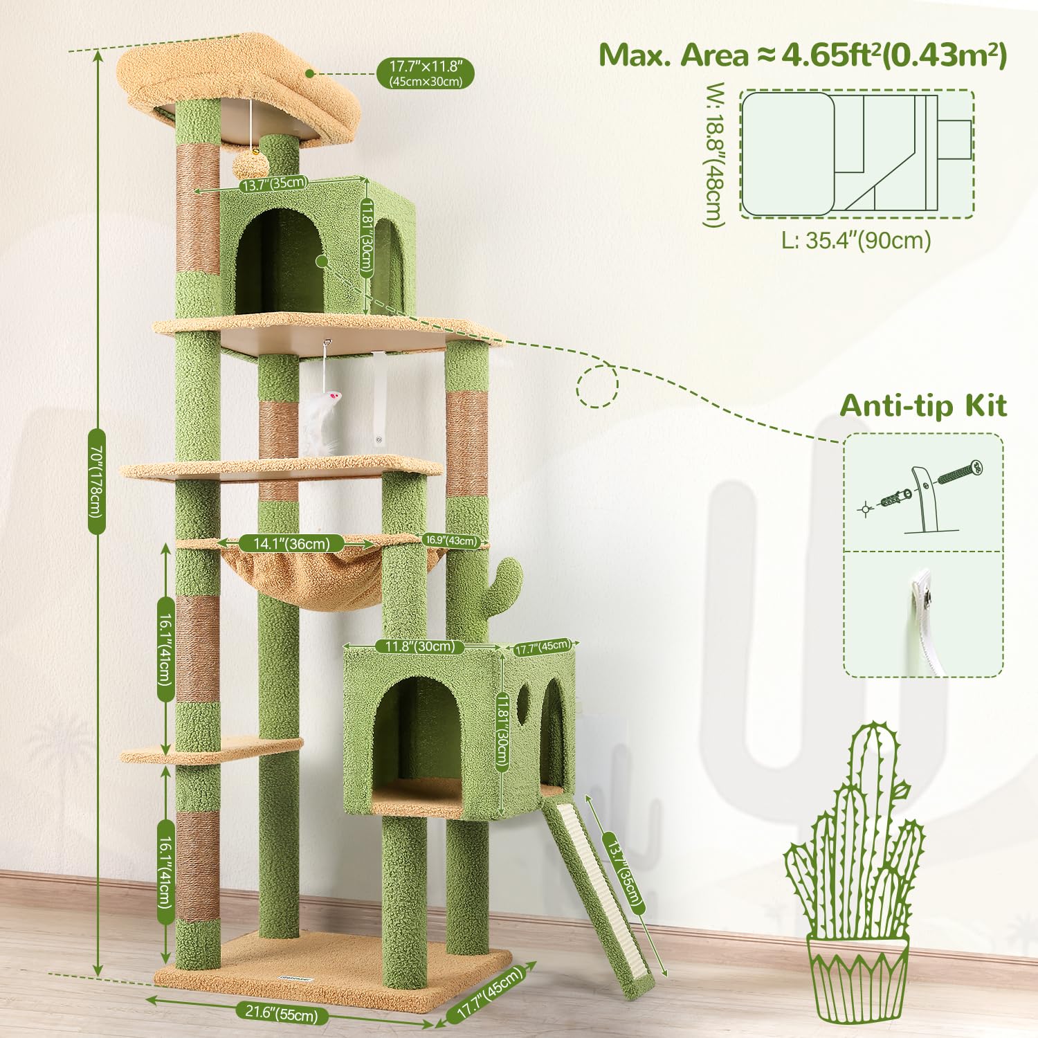 Globlazer sturdy base of the 70in cactus cat tree for stability.