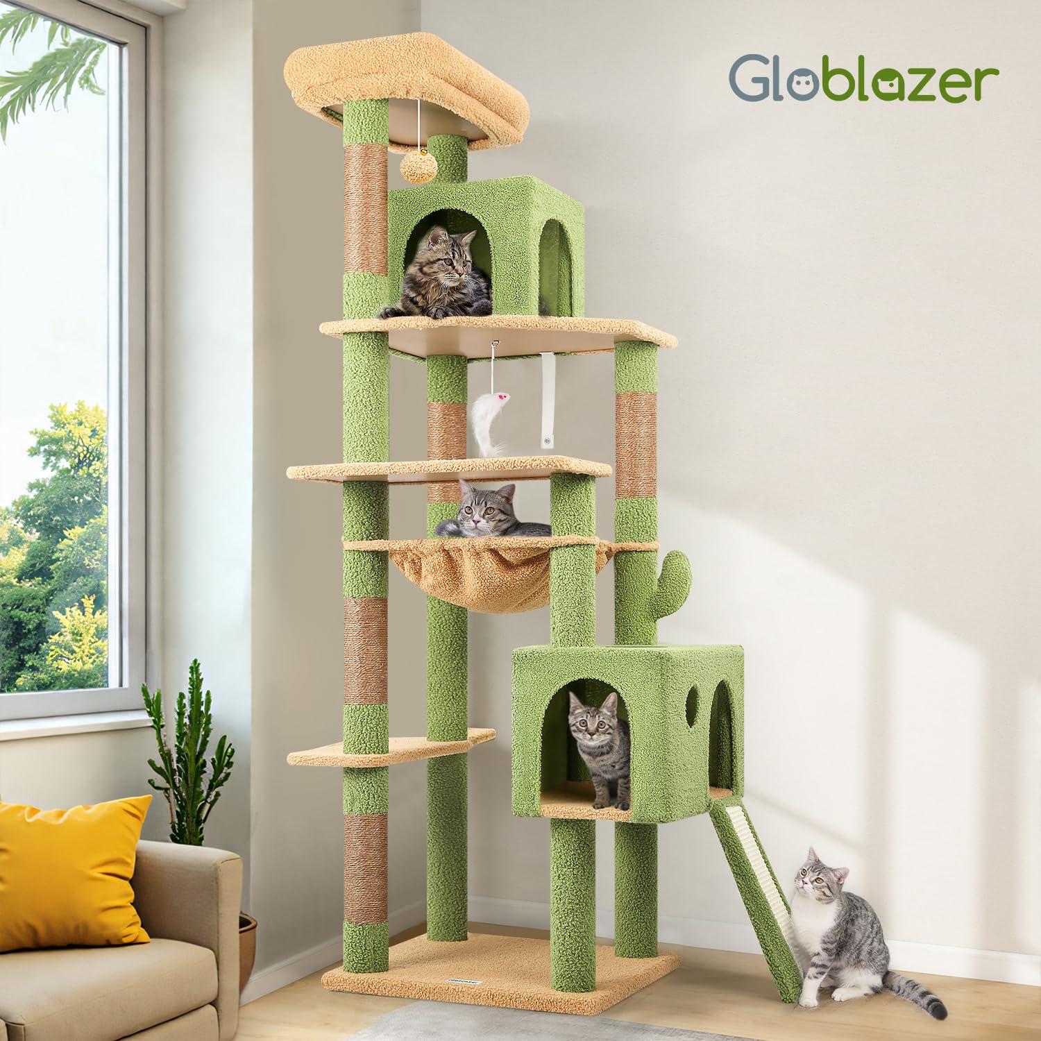 Globlazer green cat tree in a living room setup with natural vibe.