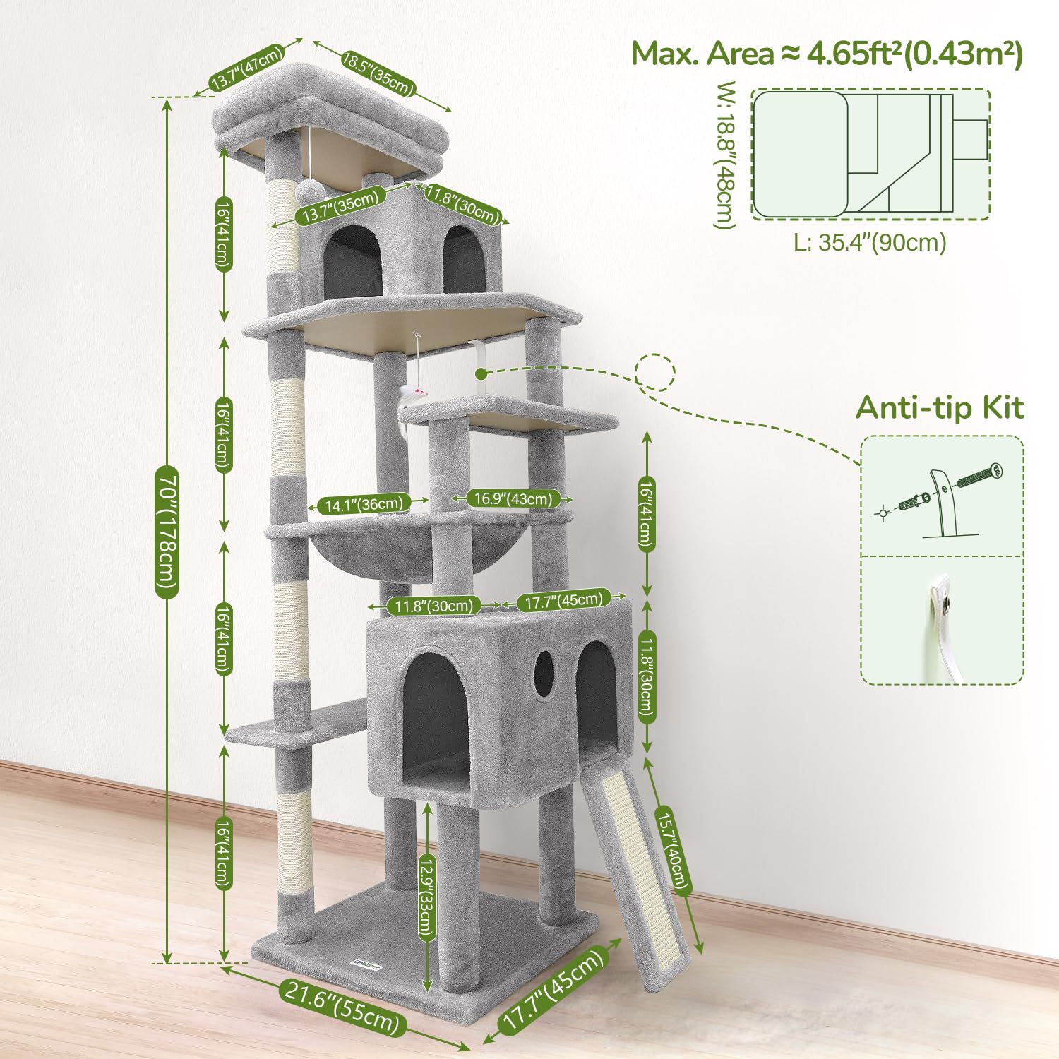 Globlazer light grey base anchoring the tall cat tree securely