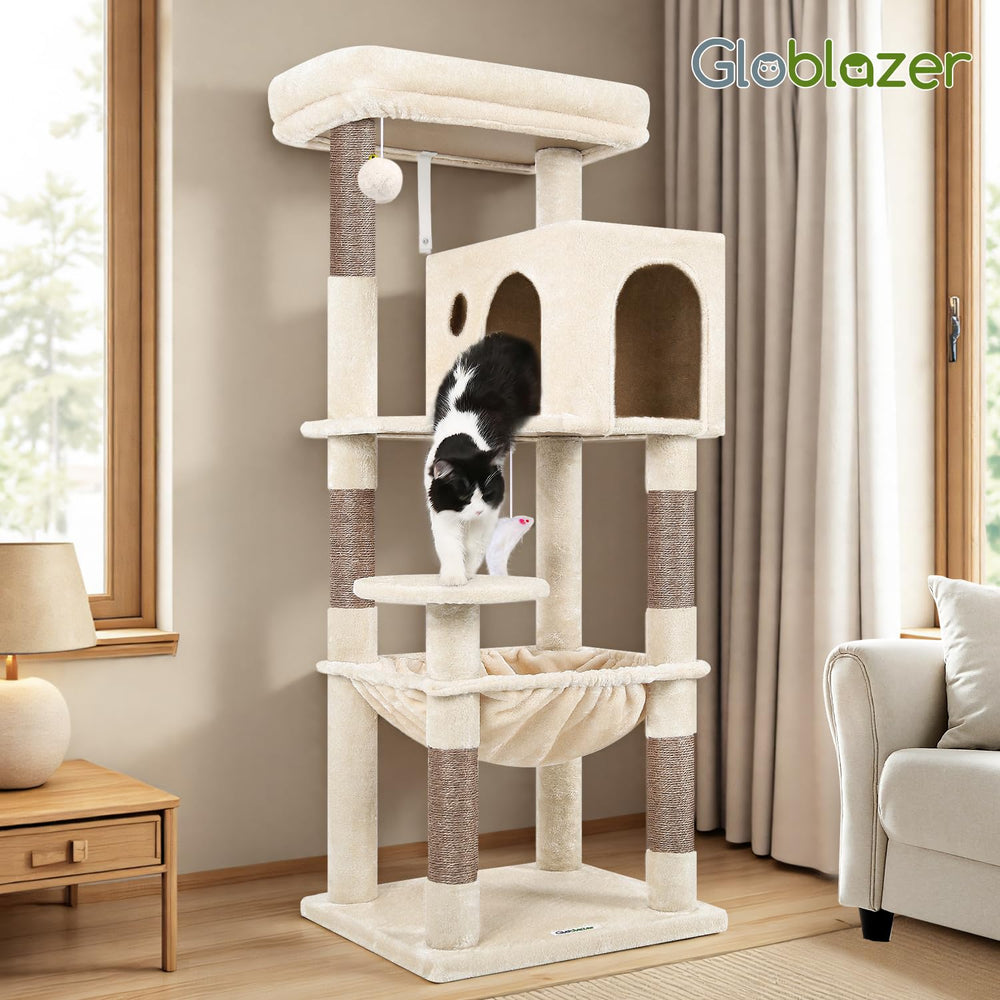 Globlazer beige cat tree blends with decor and keeps cats entertained.