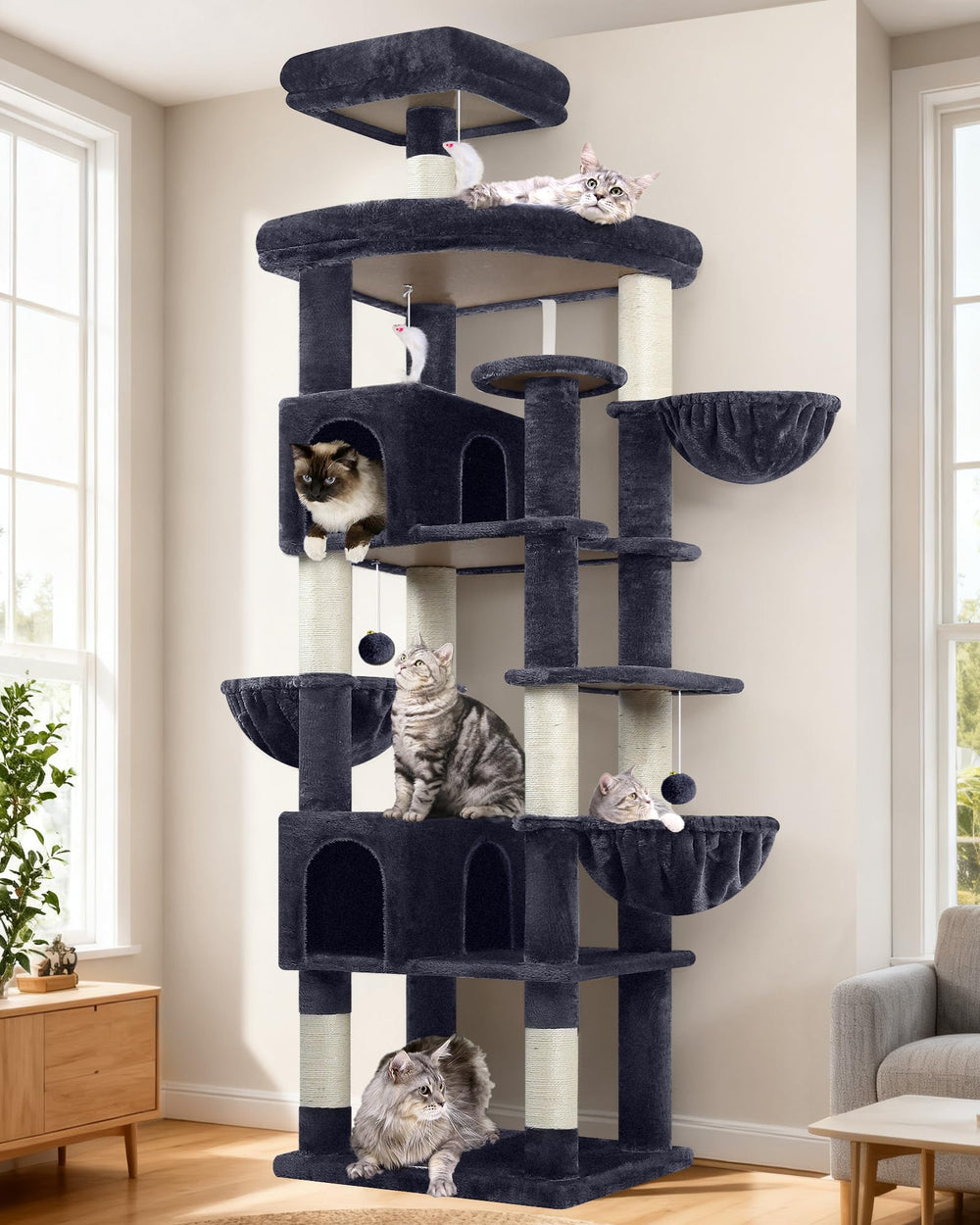 Globlazer S82 two cat condos provide secure resting spaces for large indoor cats.