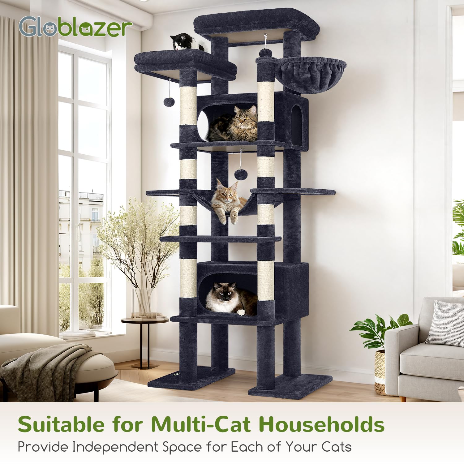 Globlazer XXL cat tree includes a hanging basket for cozy lounging