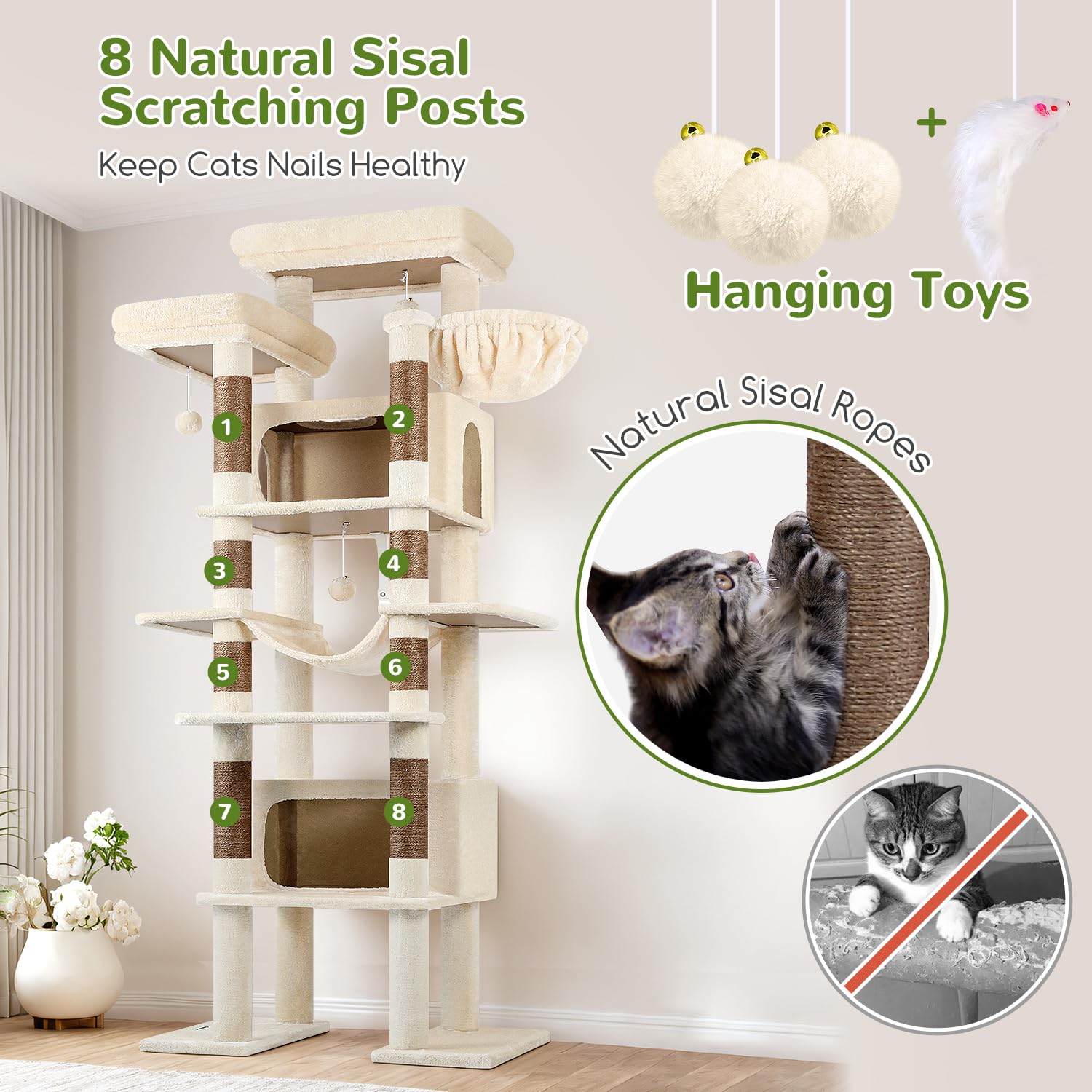 Globlazer XXL cat tree two caves create quiet hiding areas for your cat.