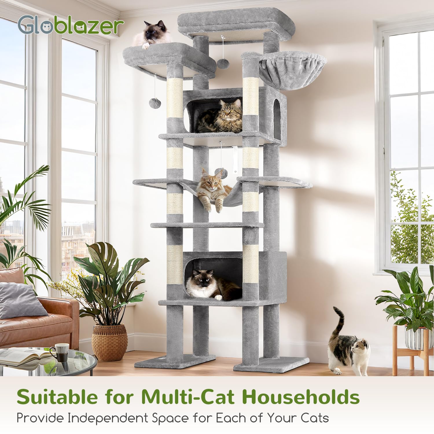 Globlazer XXL cat tree two caves create secure hideaways for anxious or shy cats.