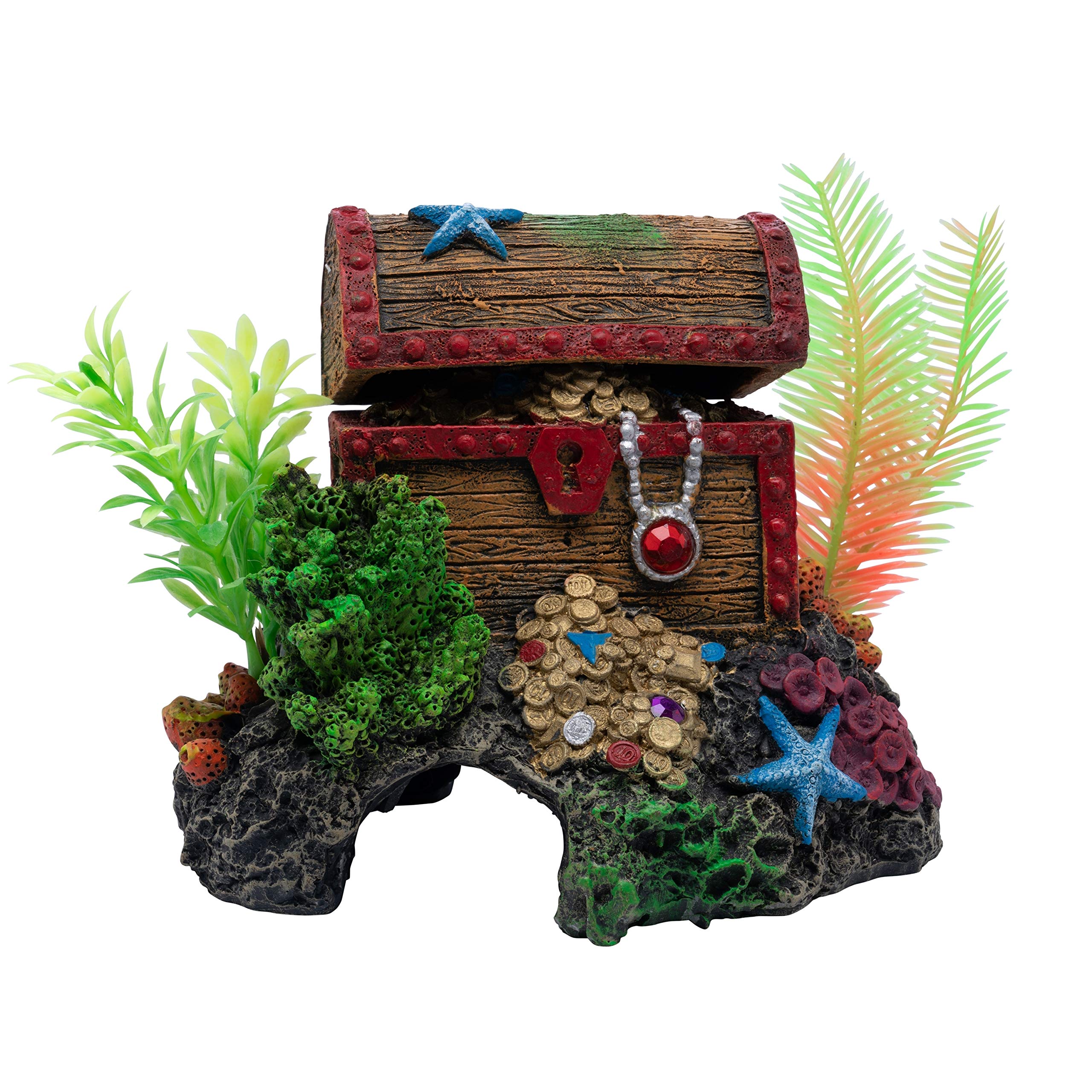 GloFish Treasure Chest ornament glows under blue LED lights, creating a magical underwater scene.