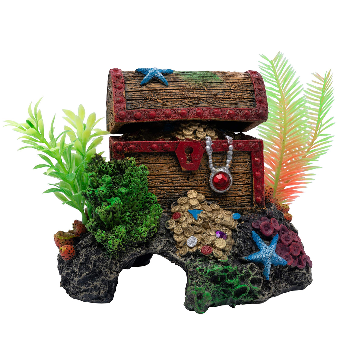 GloFish Treasure Chest ornament glows under blue LED lights, creating a magical underwater scene.